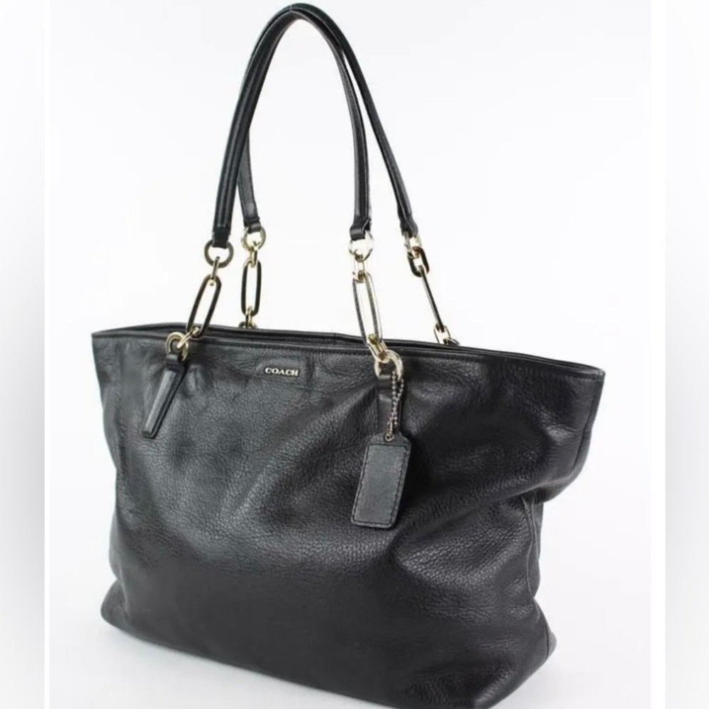 COACH Black Madison Leather East West Chain Tote Bag Large